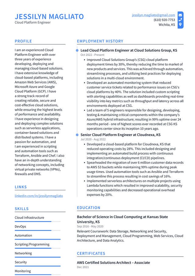 Google Cloud Platform Engineer Resume Example