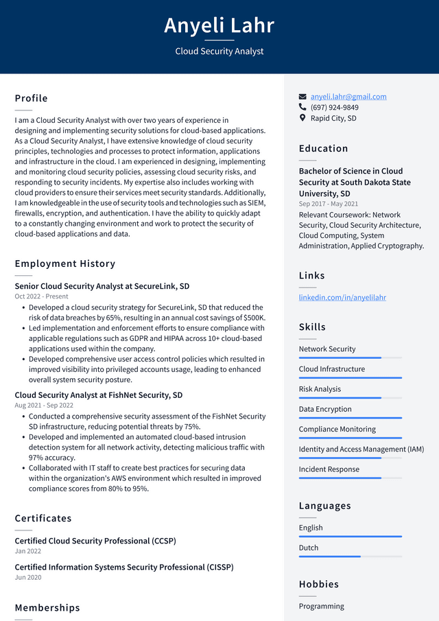 Google Cloud Security Analyst Resume Example