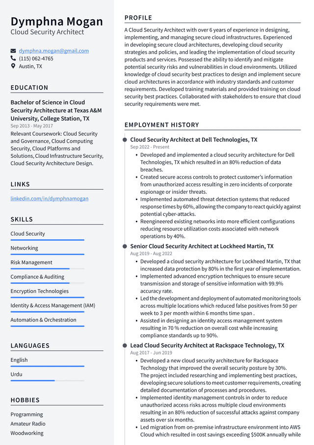 Google Cloud Security Architect Resume Example