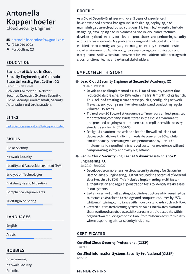 Google Cloud Security Engineer Resume Example