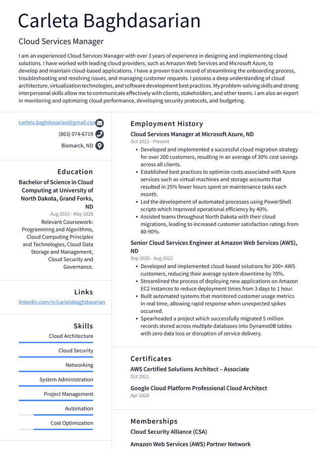 Google Cloud Services Manager Resume Example