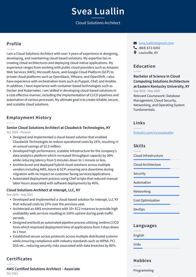 Google Cloud Solutions Architect Resume Example