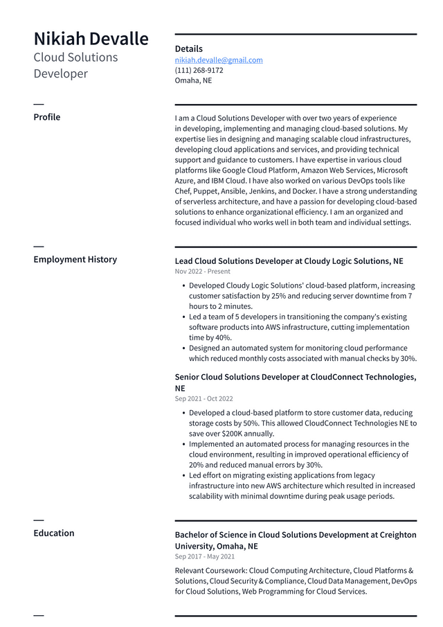 Google Cloud Solutions Developer Resume Example