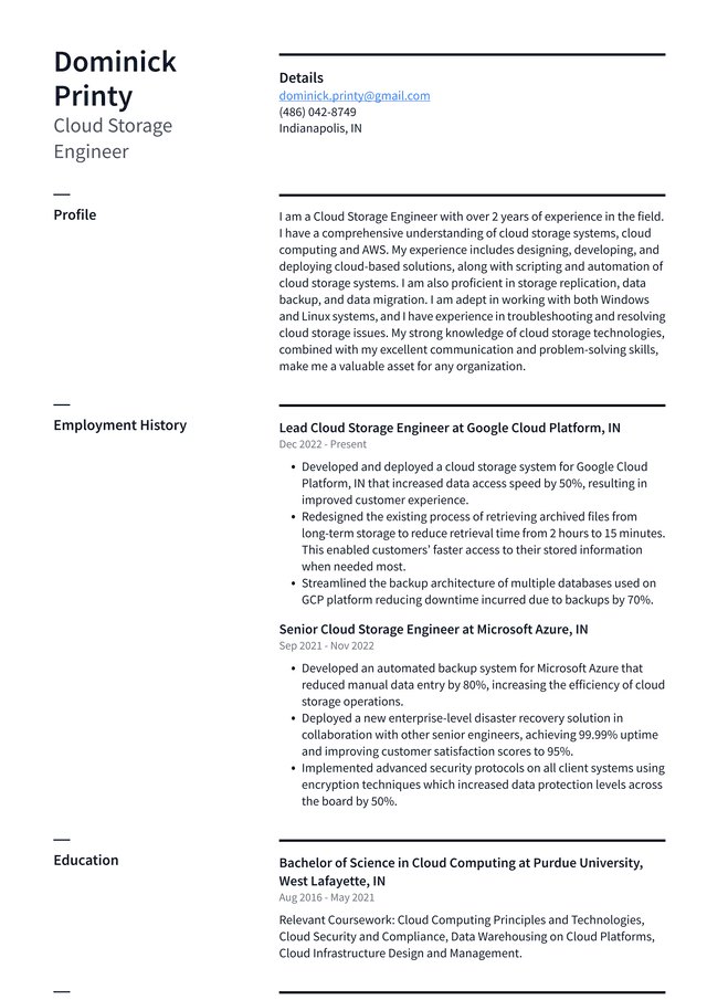 Google Cloud Storage Engineer Resume Example