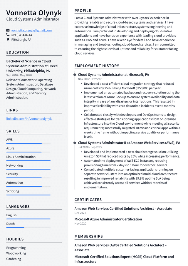 Google Cloud Systems Administrator Resume Example