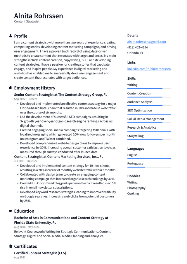 Google Content Strategist Resume Example