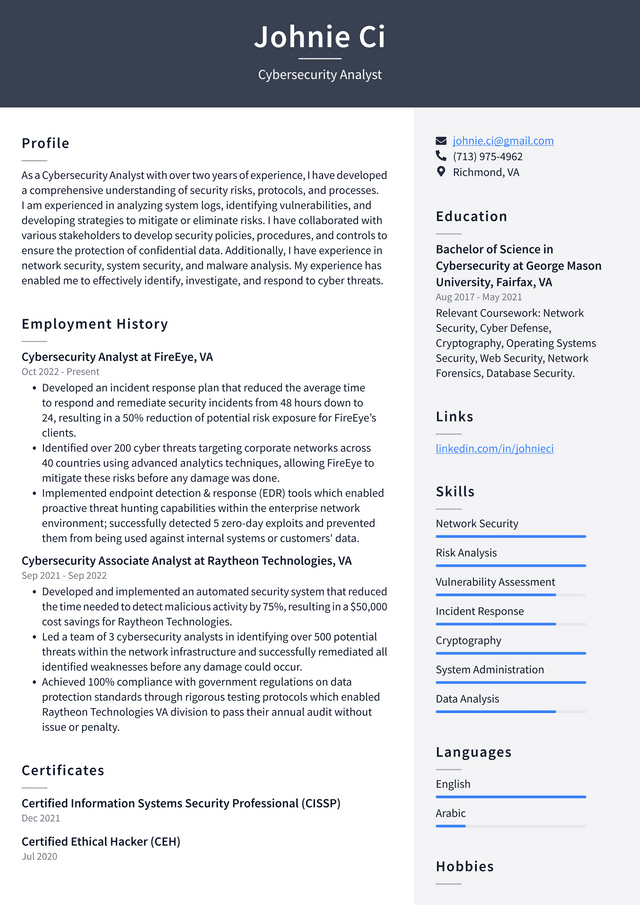 Google Cybersecurity Analyst Resume Example