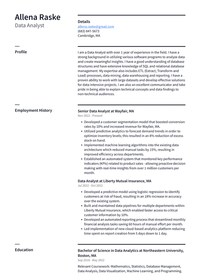 Google Data Analyst Resume Example