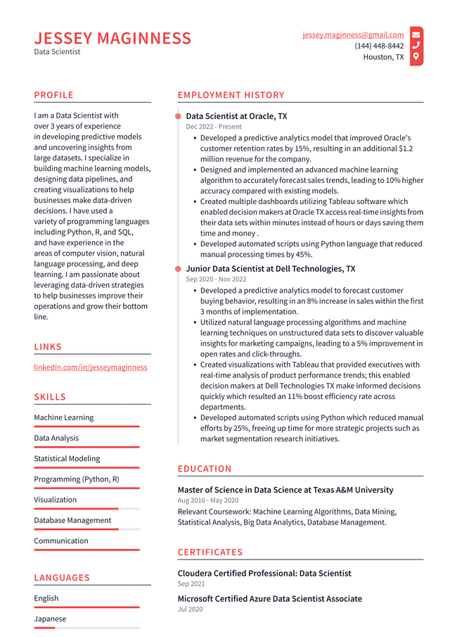 Google Data Scientist Resume Example