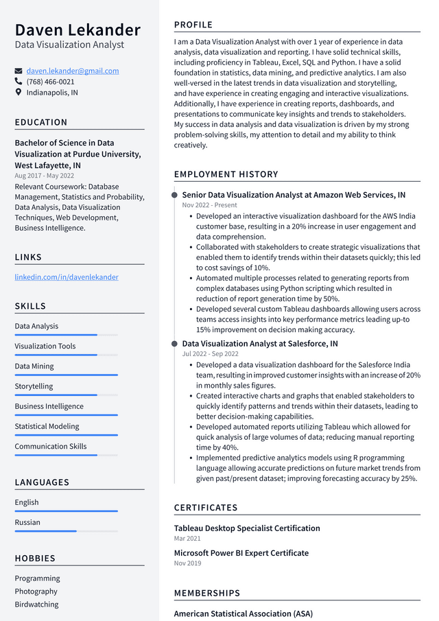 Google Data Visualization Analyst Resume Example