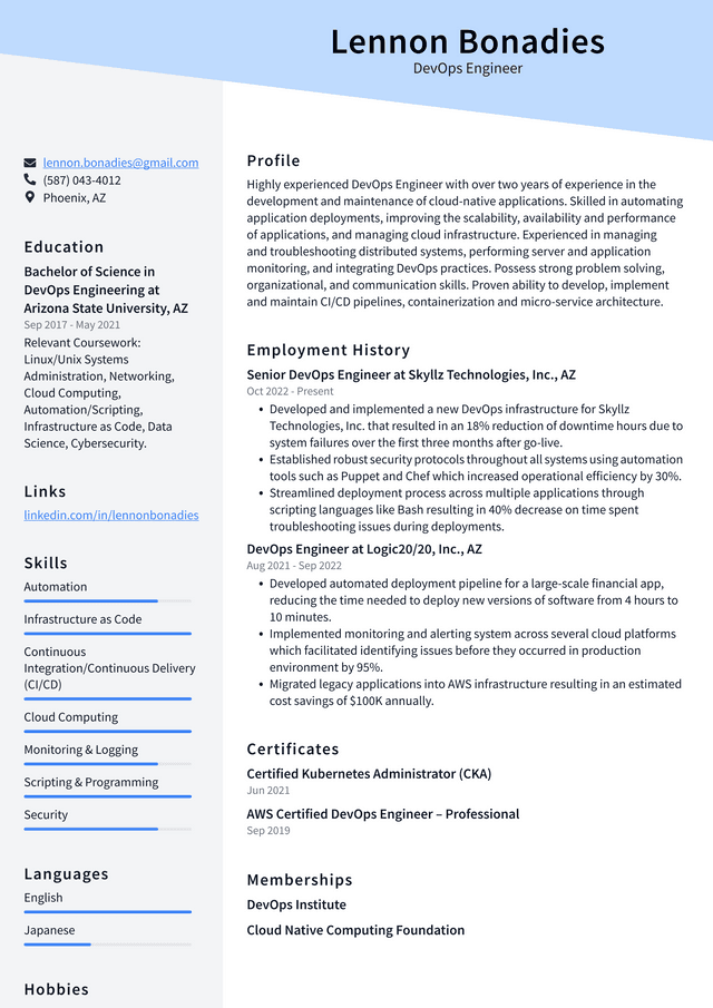 Google DevOps Engineer Resume Example