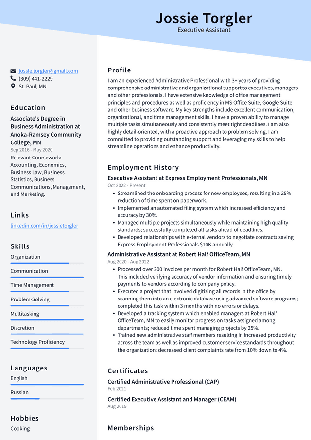 Google Executive Assistant Resume Example