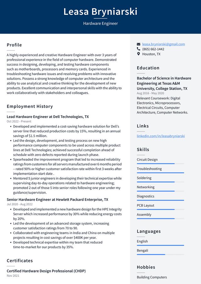 Google Hardware Engineer Resume Example