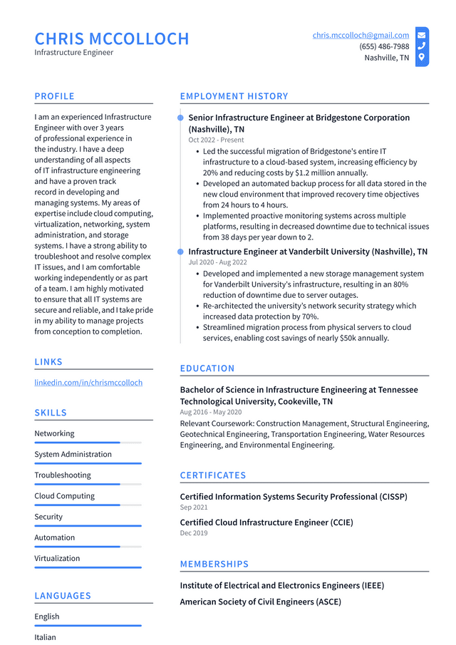 Google Infrastructure Engineer Resume Example