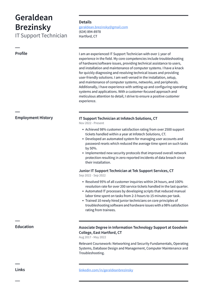 Google IT Support Technician Resume Example