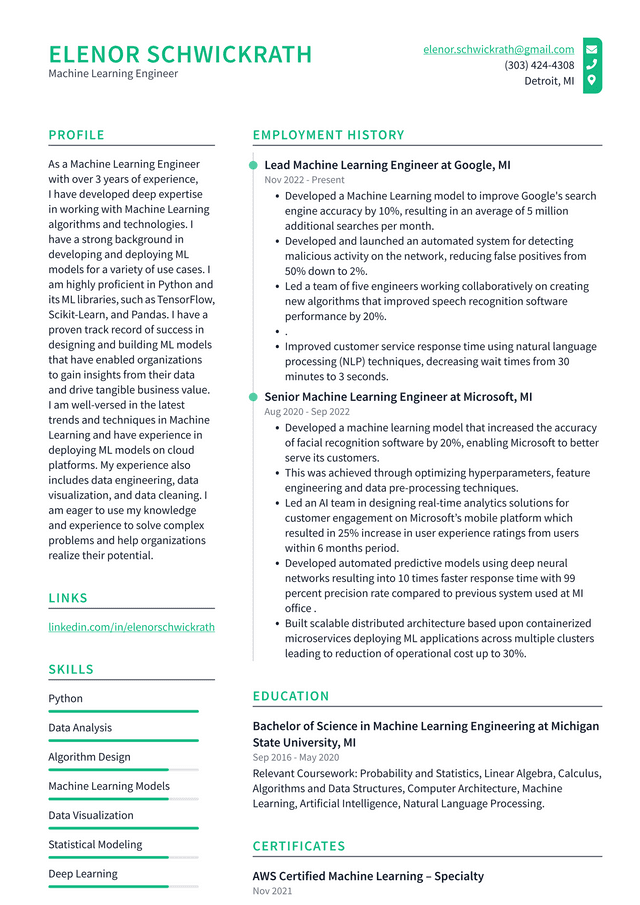 Google Machine Learning Engineer Resume Example