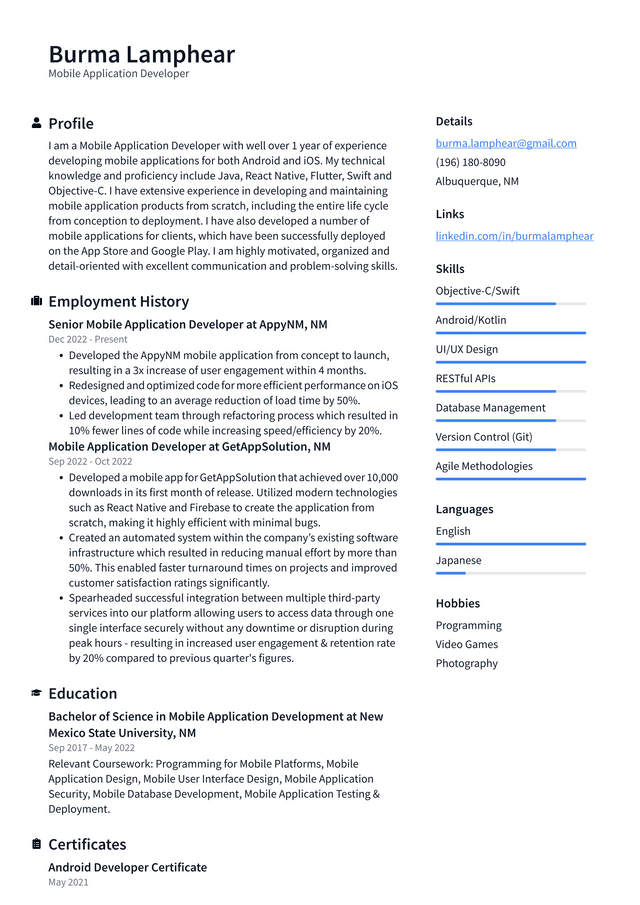 Google Mobile Application Developer Resume Example