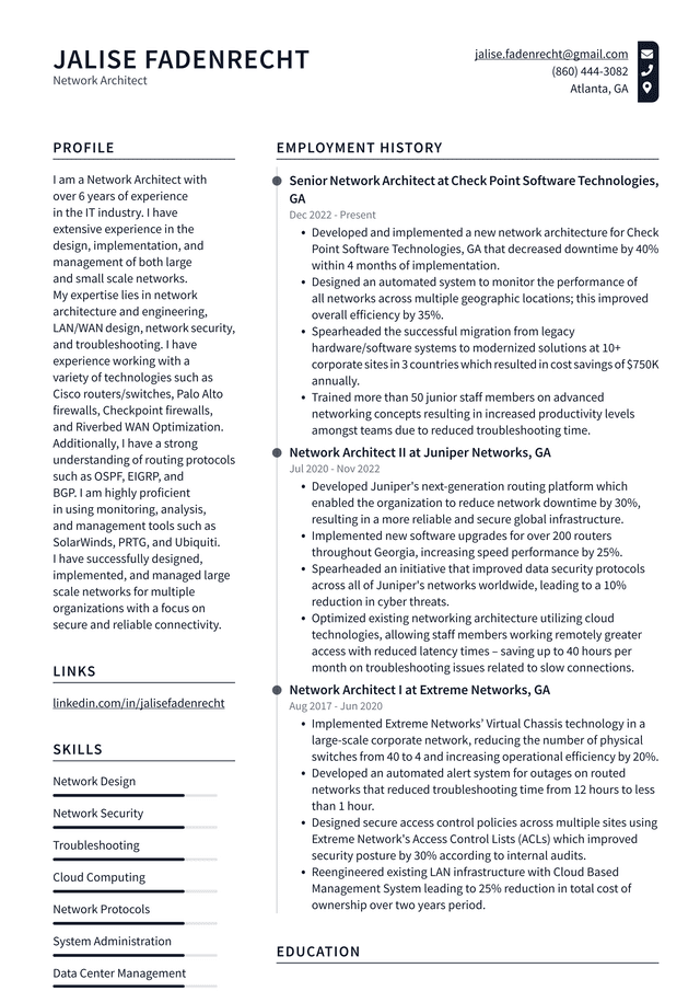 Google Network Architect Resume Example