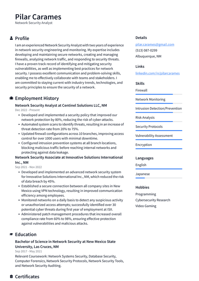 Google Network Security Analyst Resume Example