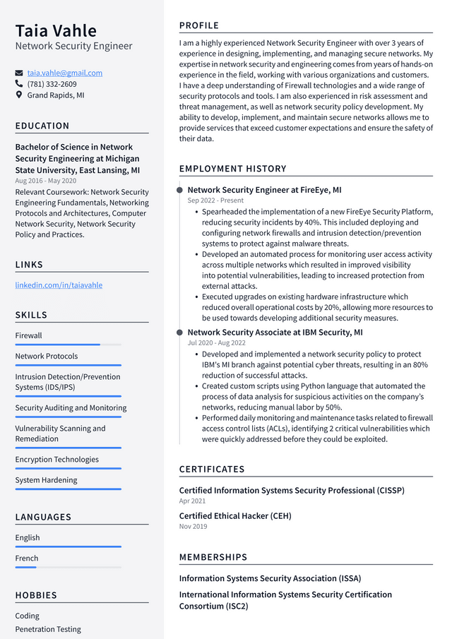 Google Network Security Engineer Resume Example