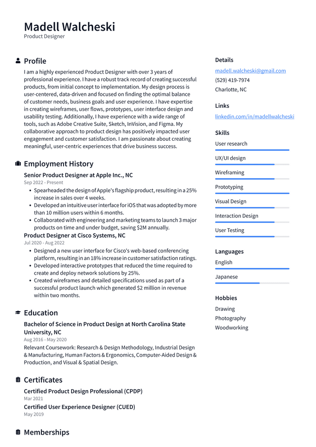 Google Product Designer Resume Example