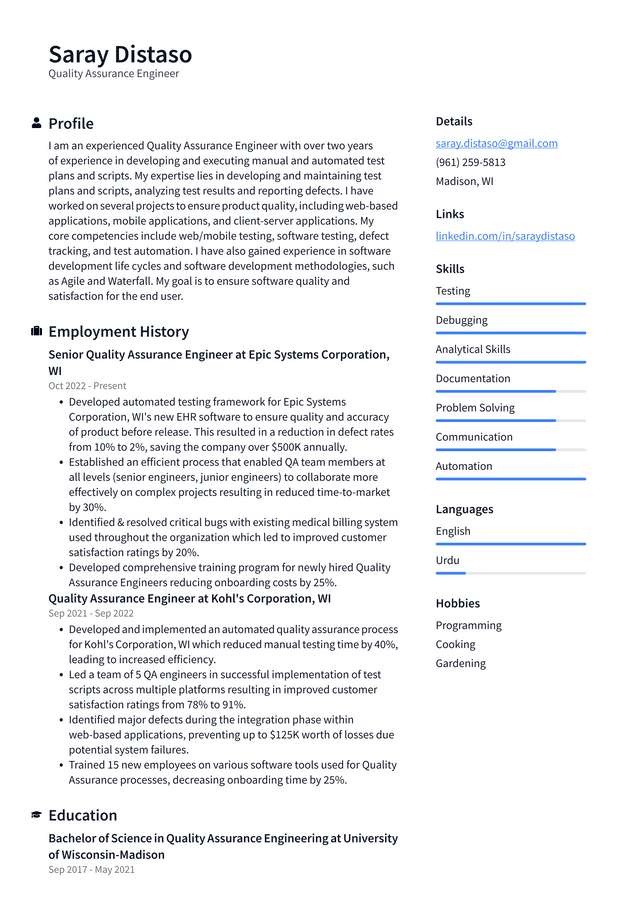 Google Quality Assurance Engineer Resume Example