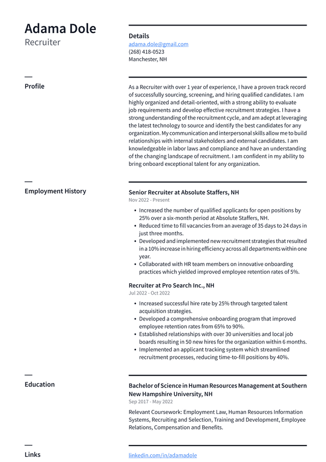 Google Recruiter Resume Example