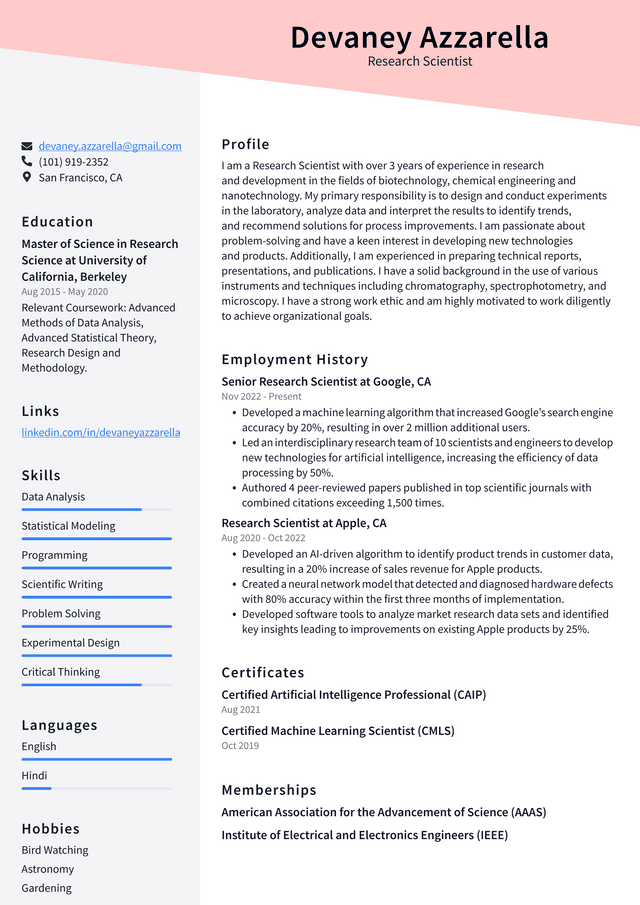 Google Research Scientist Resume Example