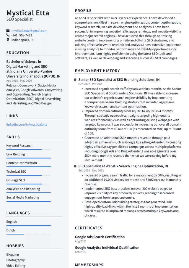 Google SEO Specialist Resume Example