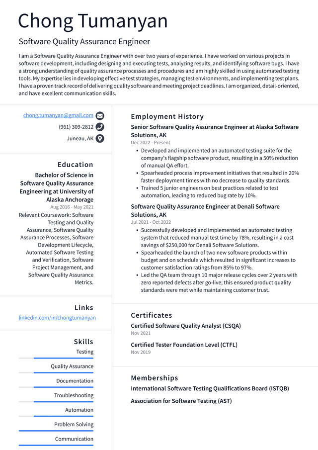 Google Software Quality Assurance Engineer Resume Example