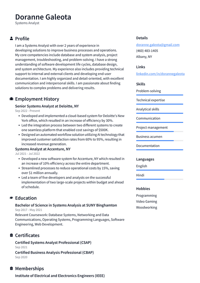 Google Systems Analyst Resume Example