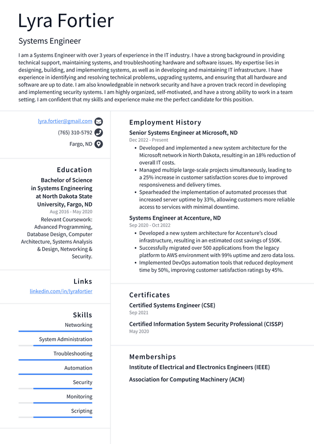 Google Systems Engineer Resume Example