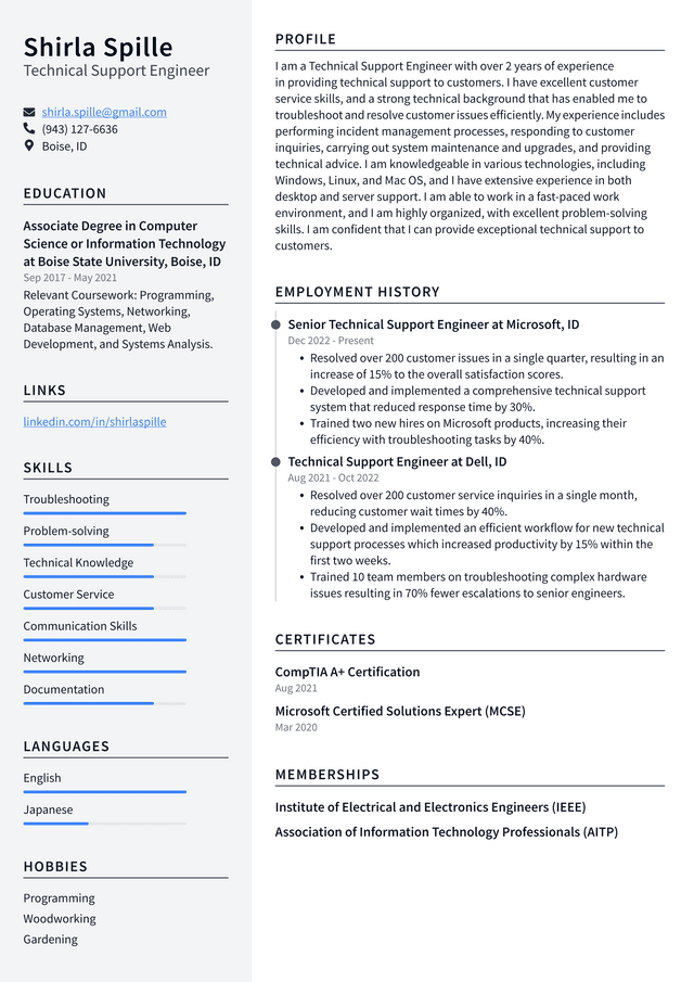 Google Technical Support Engineer Resume Example