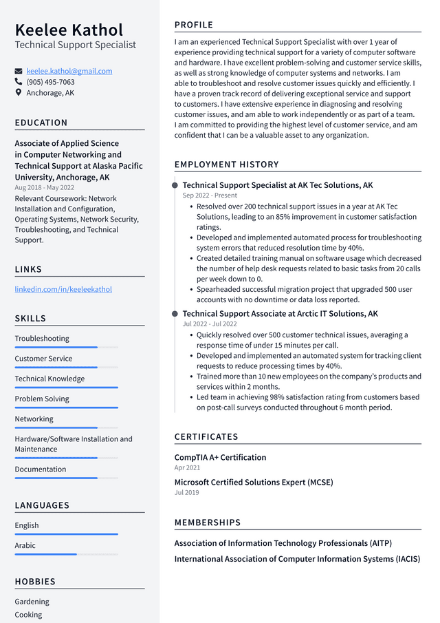 Google Technical Support Specialist Resume Example