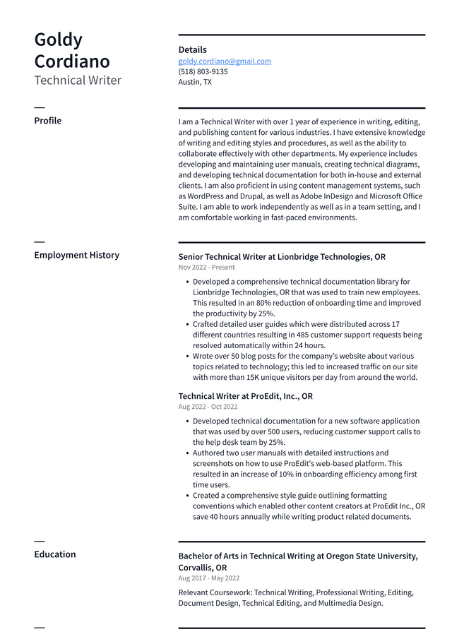 Google Technical Writer Resume Example