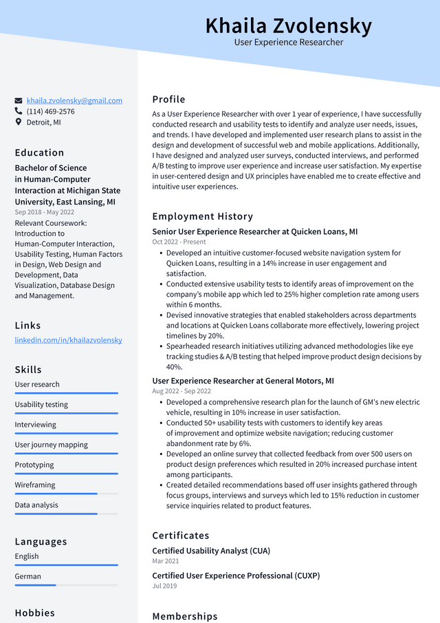 Google User Experience Researcher Resume Examples