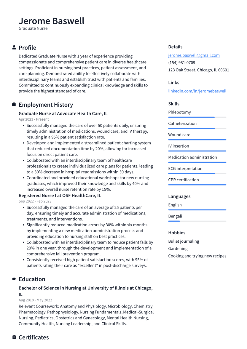 Graduate Nurse Resume Example