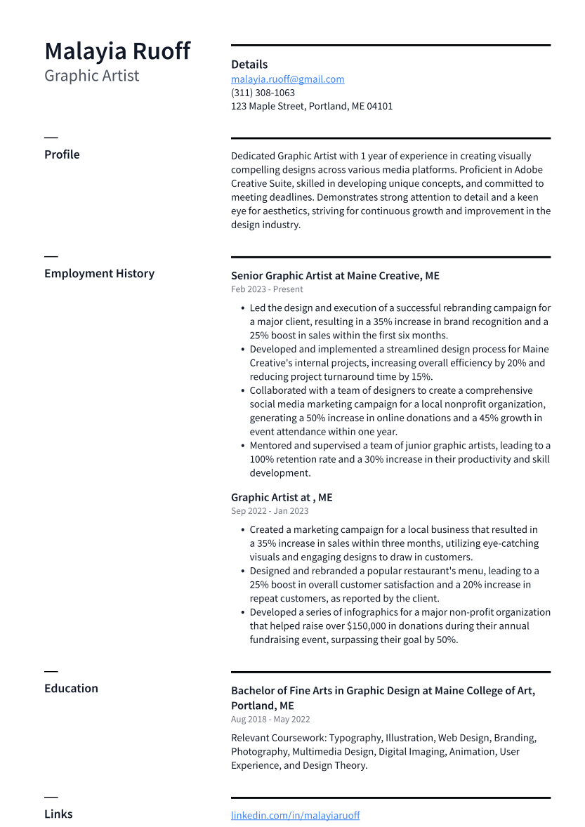 Graphic Artist Resume Example