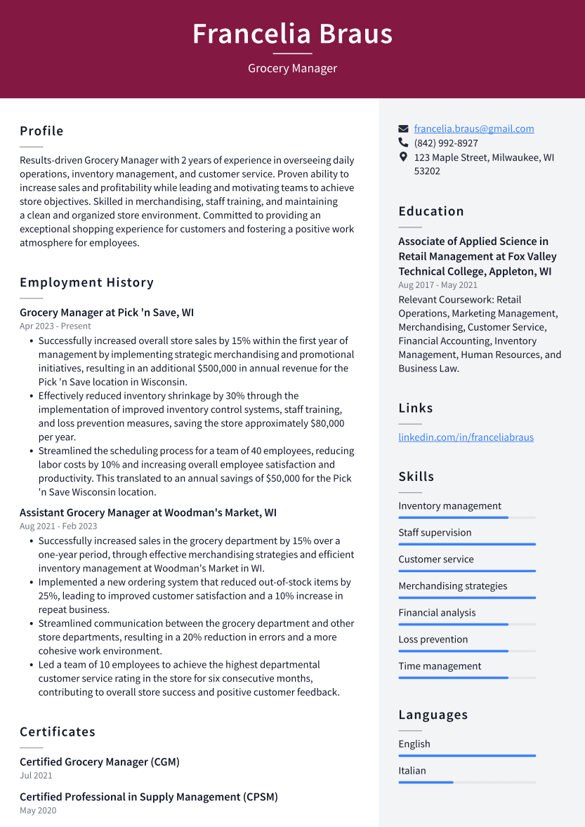 Grocery Manager Resume Example