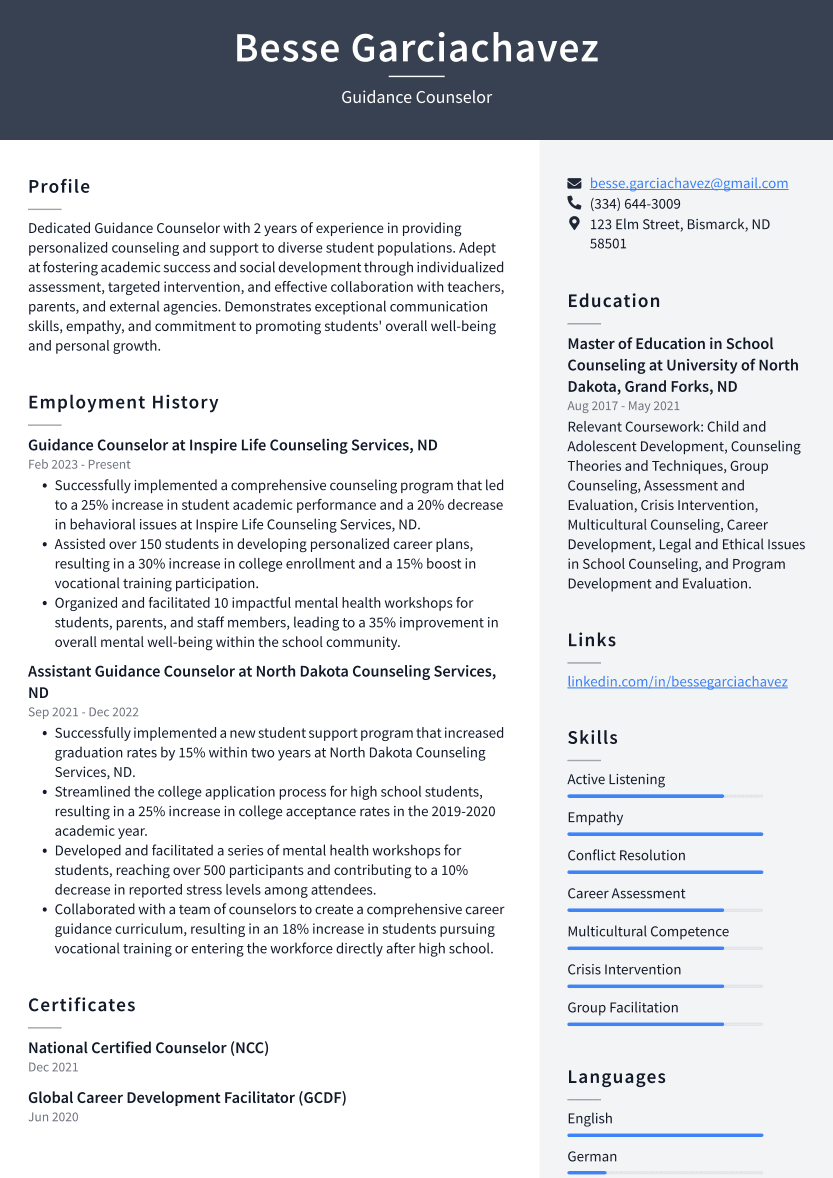 Guidance Counselor Resume Example