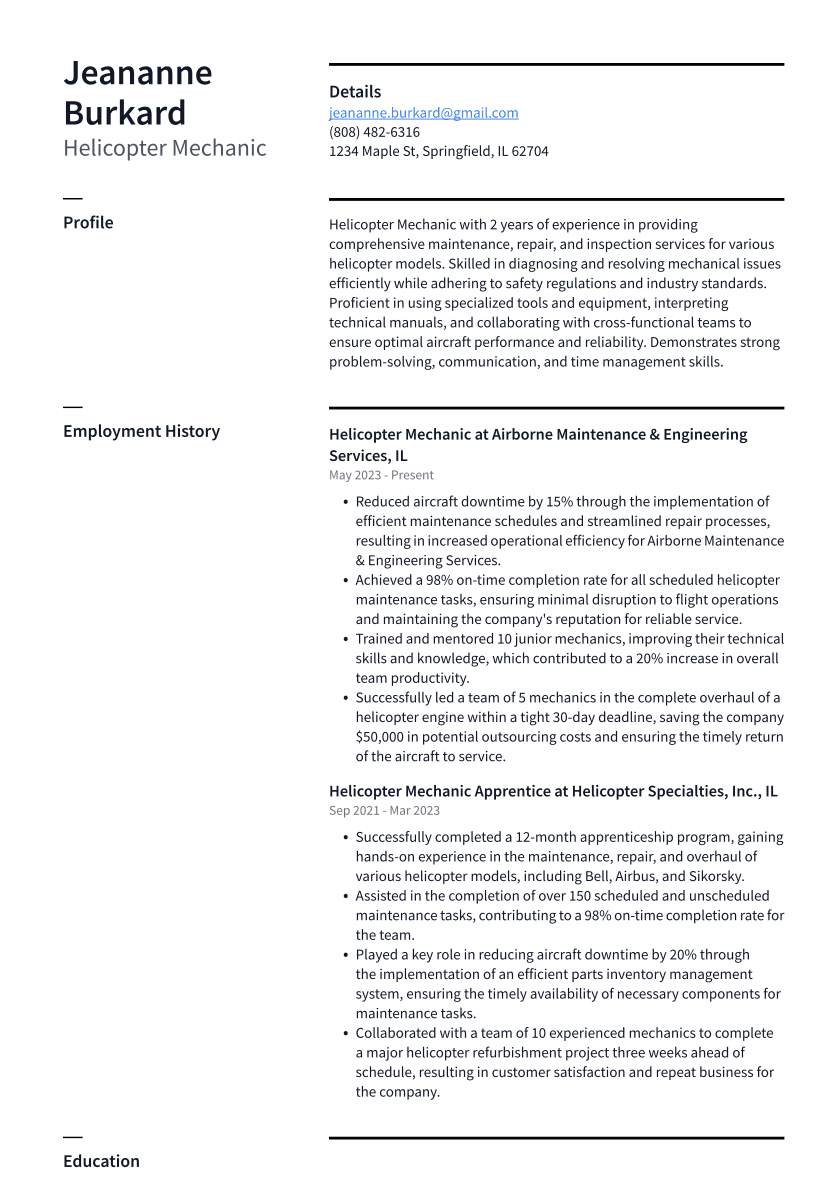 Helicopter Mechanic Resume Example