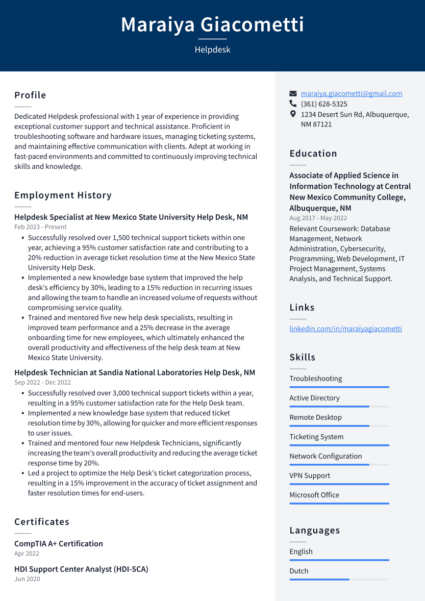 Helpdesk Resume Example