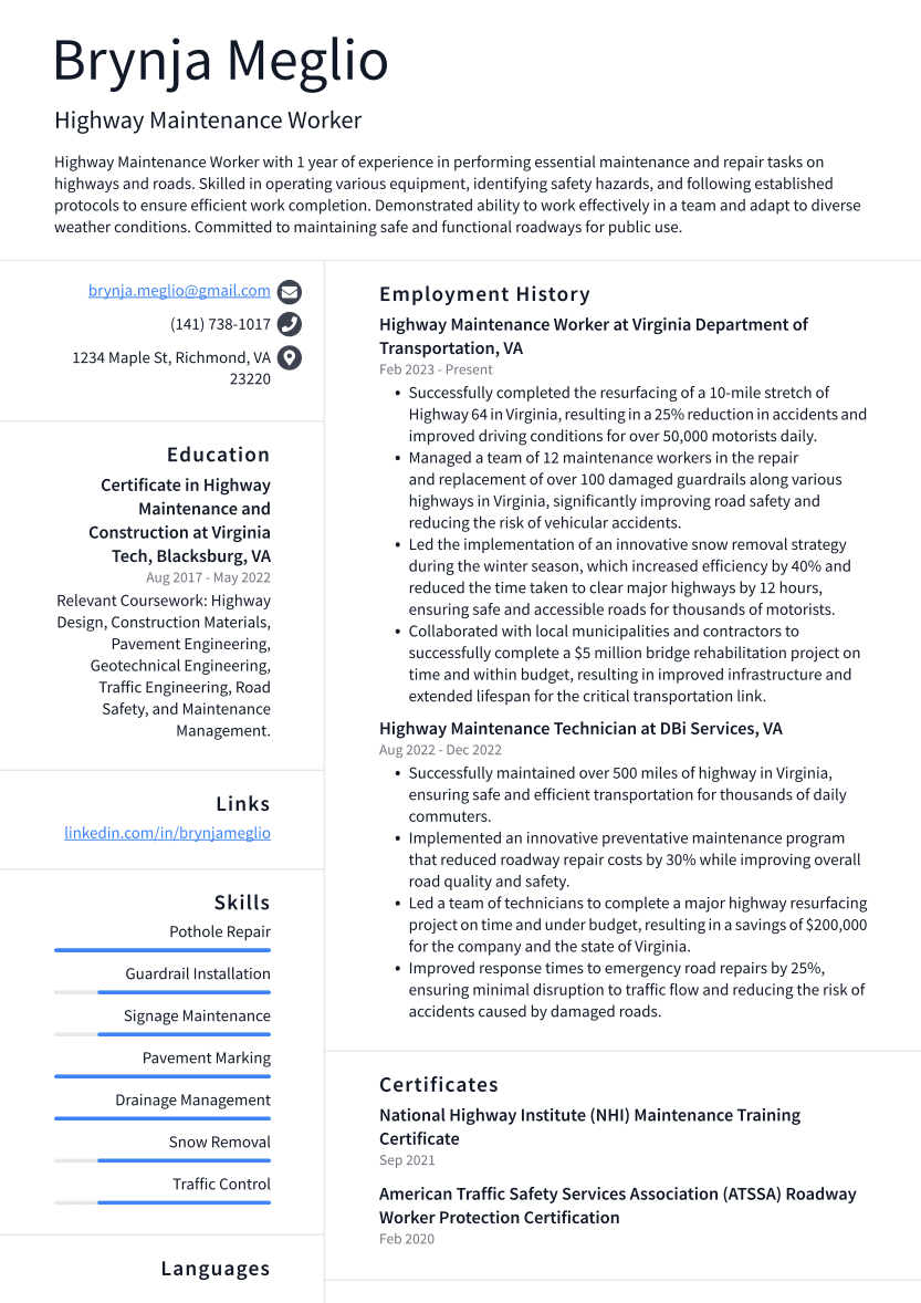 Highway Maintenance Worker Resume Examples And Templates