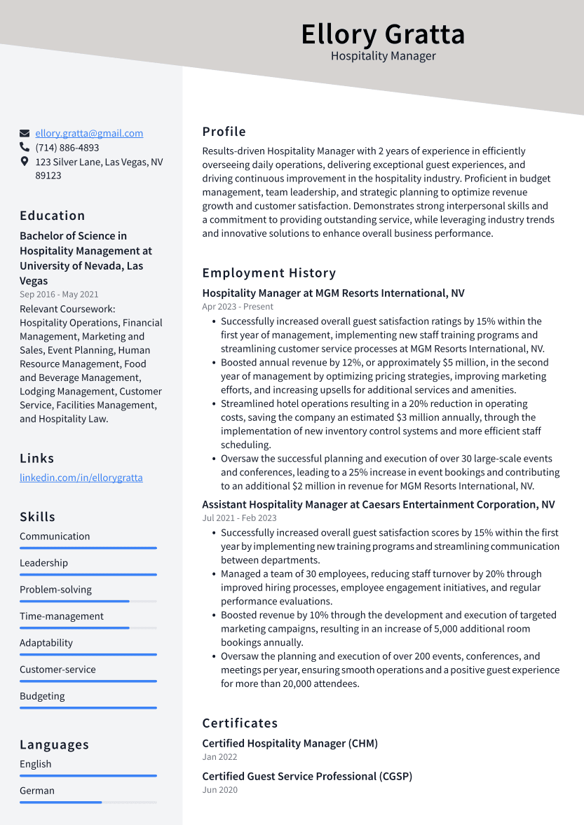 Hospitality Manager Resume Example