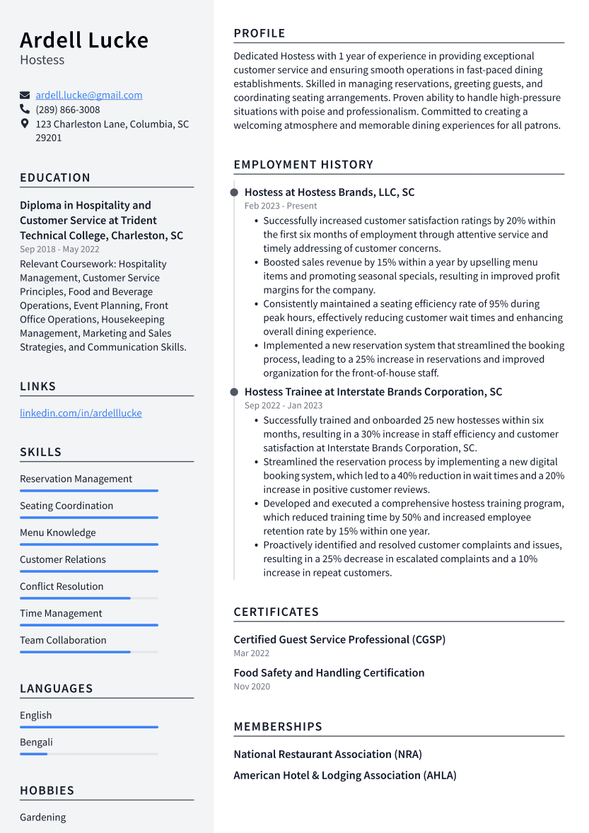 Hostess Resume Example