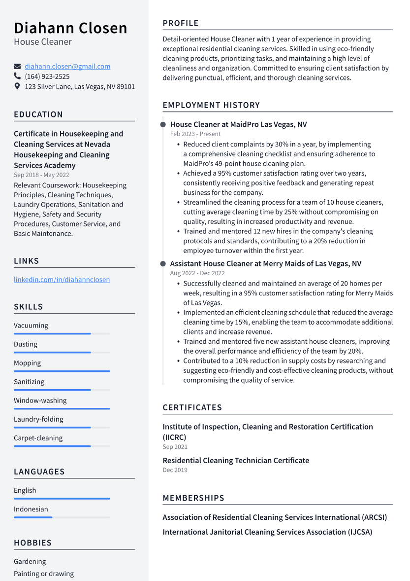 House Cleaner Resume Example