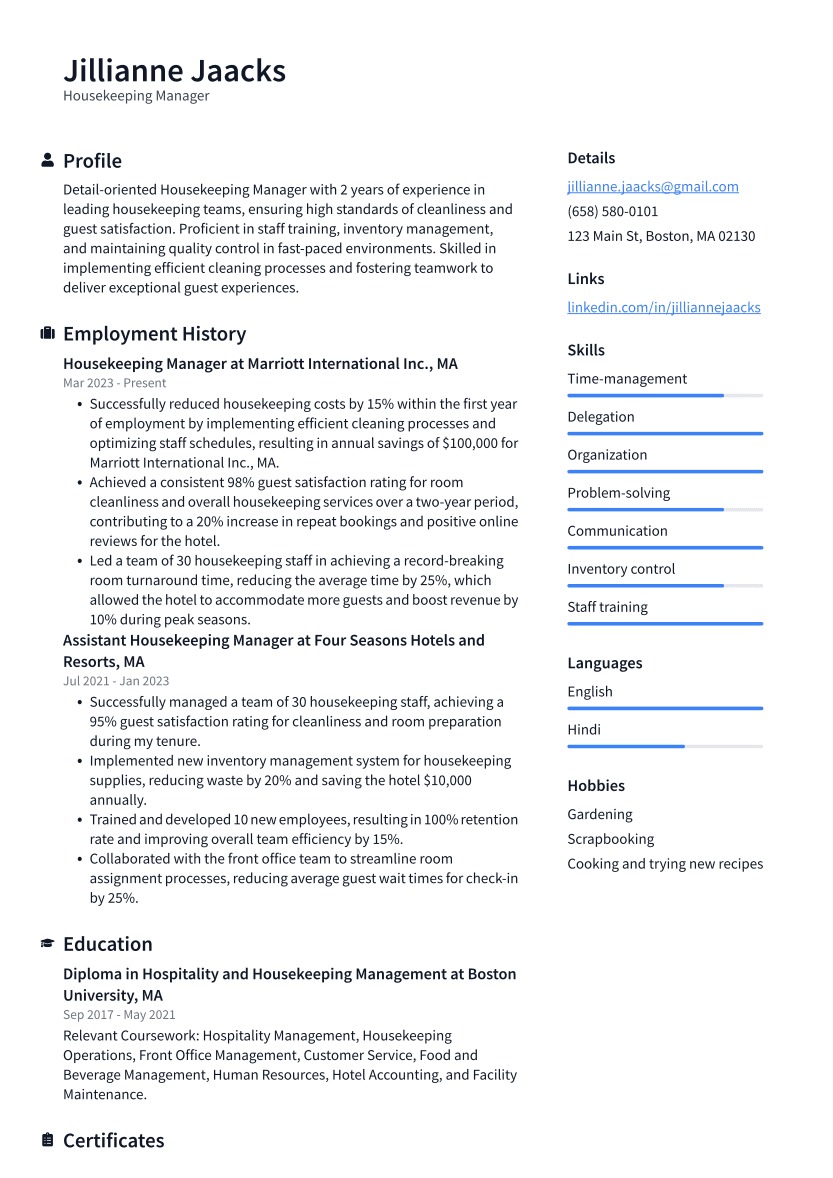 Housekeeping Manager Resume Example