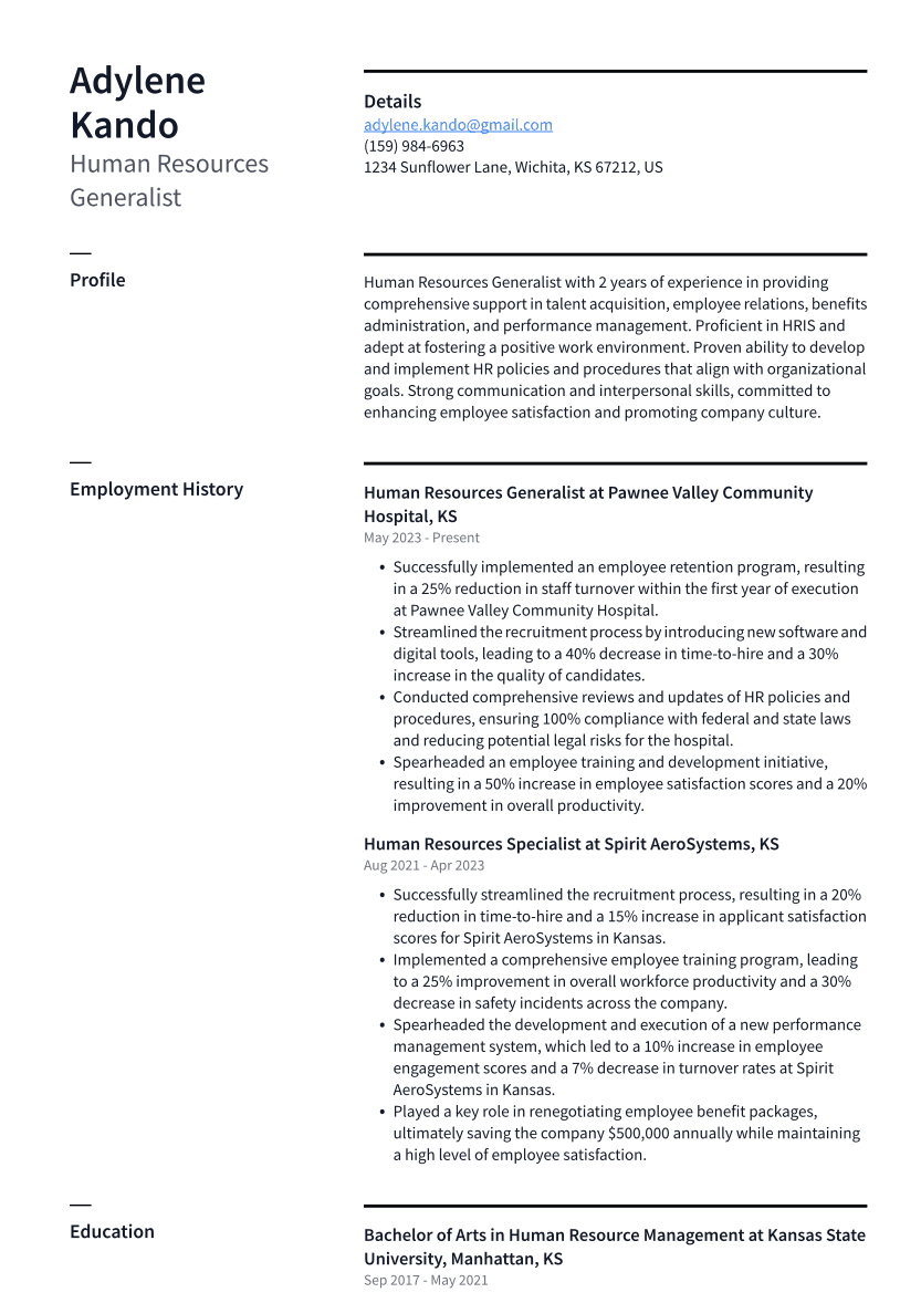 Human Resources Generalist Resume Example