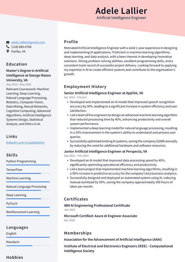 IBM Artificial Intelligence Engineer Resume Example