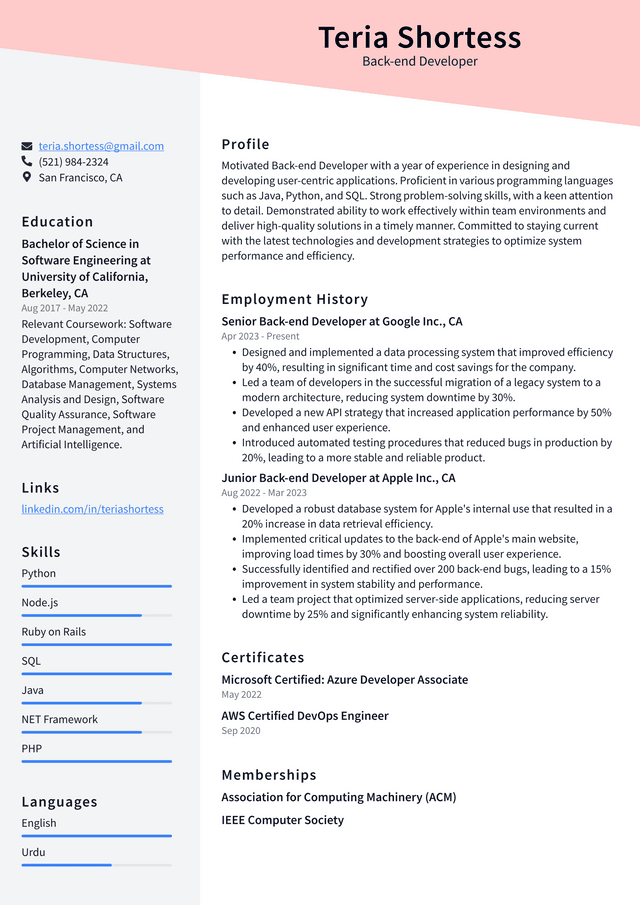 IBM Back-end Developer Resume Example